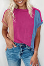 Rosarotes strukturiertes Colorblock-T-Shirt mit Rundhalsausschnitt