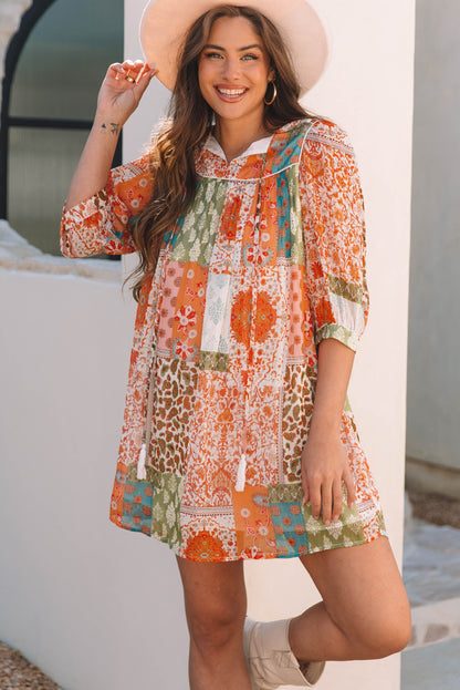 Oranges Boho Paisley Mix Print 3/4 Ärmel Chiffon Lockeres Kleid