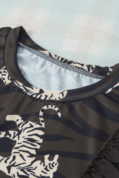 Schwarzes, stylisches Oberteil mit Rüschenärmeln und Animalprint