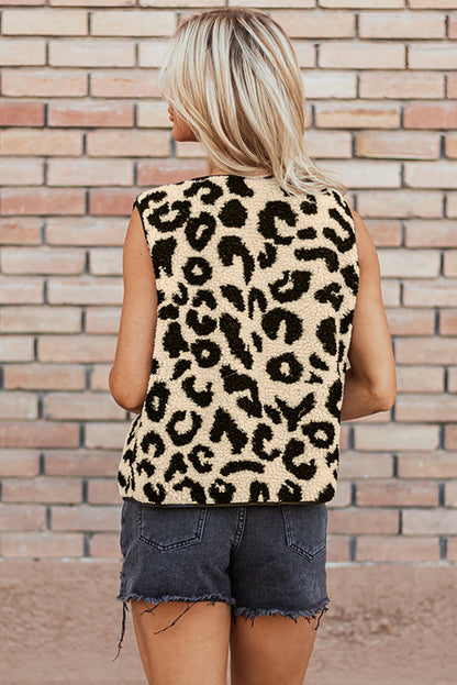 Schwarzer Sherpa-Westenmantel mit Leopardenmuster