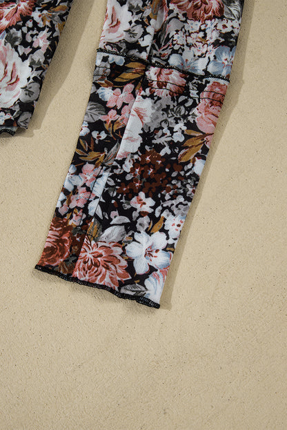 Braune, florale, langärmlige Etui-Bluse aus Netzstoff mit hohem Halsausschnitt