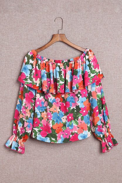 Schulterfreie Bluse mit Blumenmuster und Rüschen