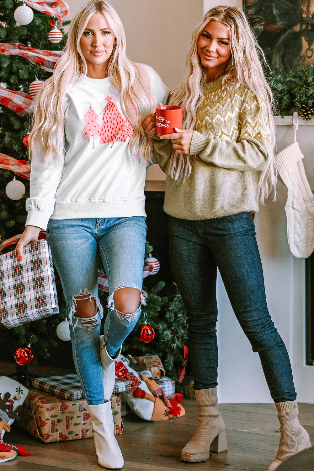 Weißes Sweatshirt mit Weihnachtsbaum-Punkte-Print
