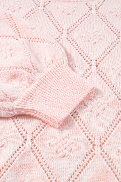 Kurzer Pullover mit durchbrochenem Karomuster und Puffärmeln in zartem Rosa