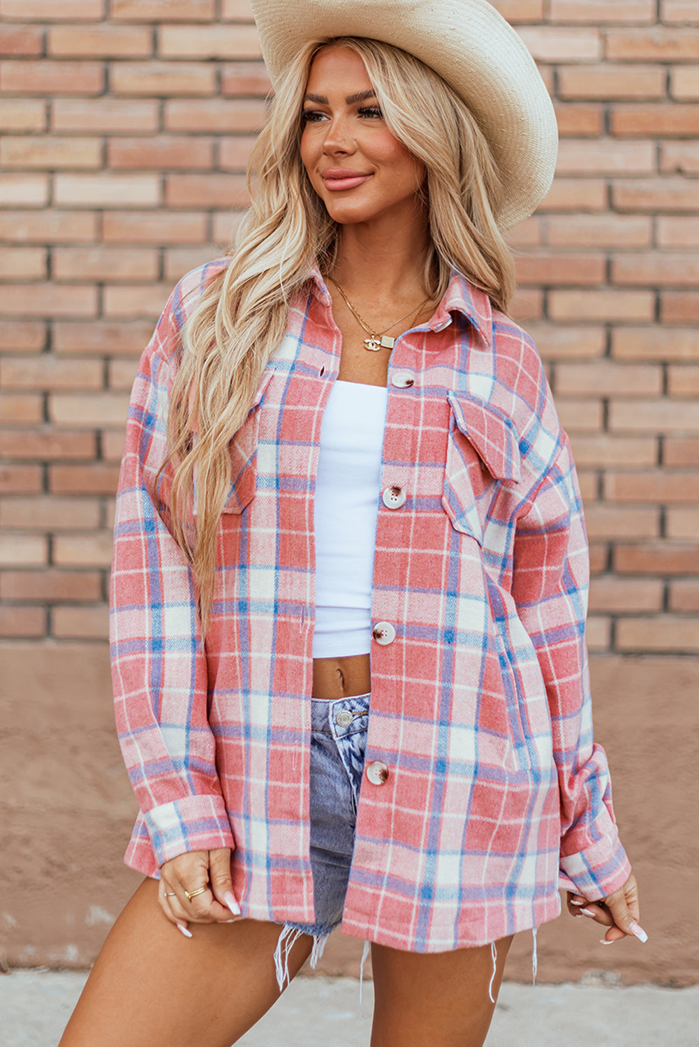 Rosa karierte Hemdjacke mit Pattentasche und Knopfleiste