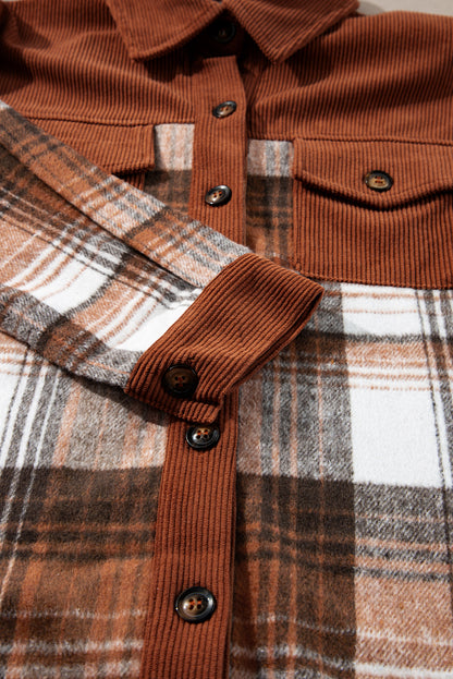 Zimtfarbene Cord-Shacket mit Patchwork und Brusttasche
