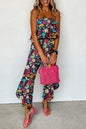 Red Mix Tropical Print Strapless Ruffled Jumpsuit