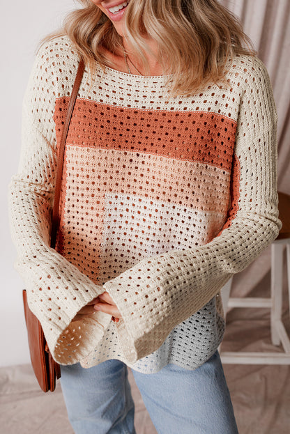 Aprikosenfarbener Pointelle-Strick-Baggy-Pullover mit Farbblockdesign