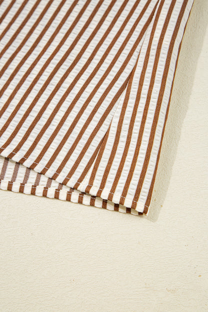 Straw Yellow Striped Print Tied Cuffs Split Neck Seersucker Blouse