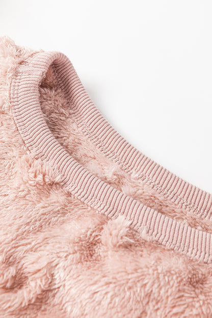 Hellrosa, strukturiertes, lockeres, zweiteiliges Lounge-Set aus Fleece mit Leopardenmuster
