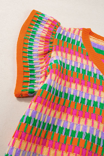 Orangefarbenes, mehrfarbiges Strickpullover-Oberteil mit Flatterärmeln