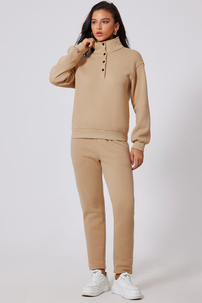 Parchment Solid Set aus Sweatshirt mit halben Knöpfen und Jogginghose mit hoher Taille