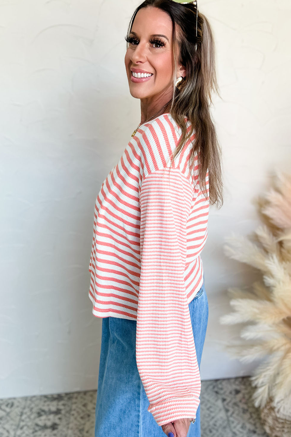Pink Stripe Textured Contrast Dropped Long Sleeve Top