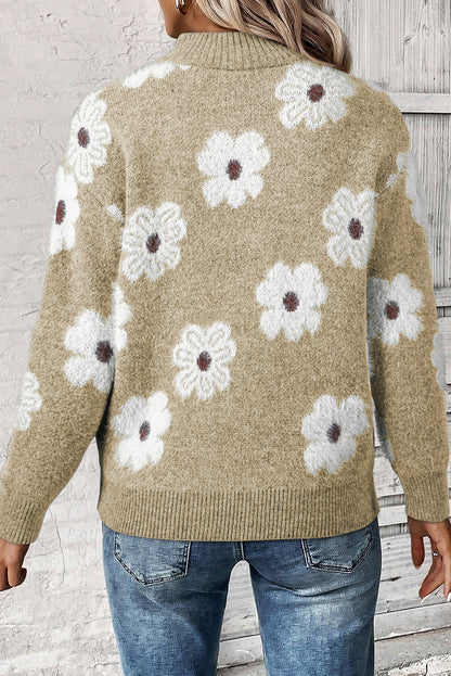Khakifarbener Pullover mit Blumenmuster und halblangem Reißverschluss und überschnittener Schulter