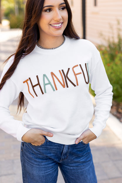 Weißer Pullover mit Stickerei „Thankful Ivory“