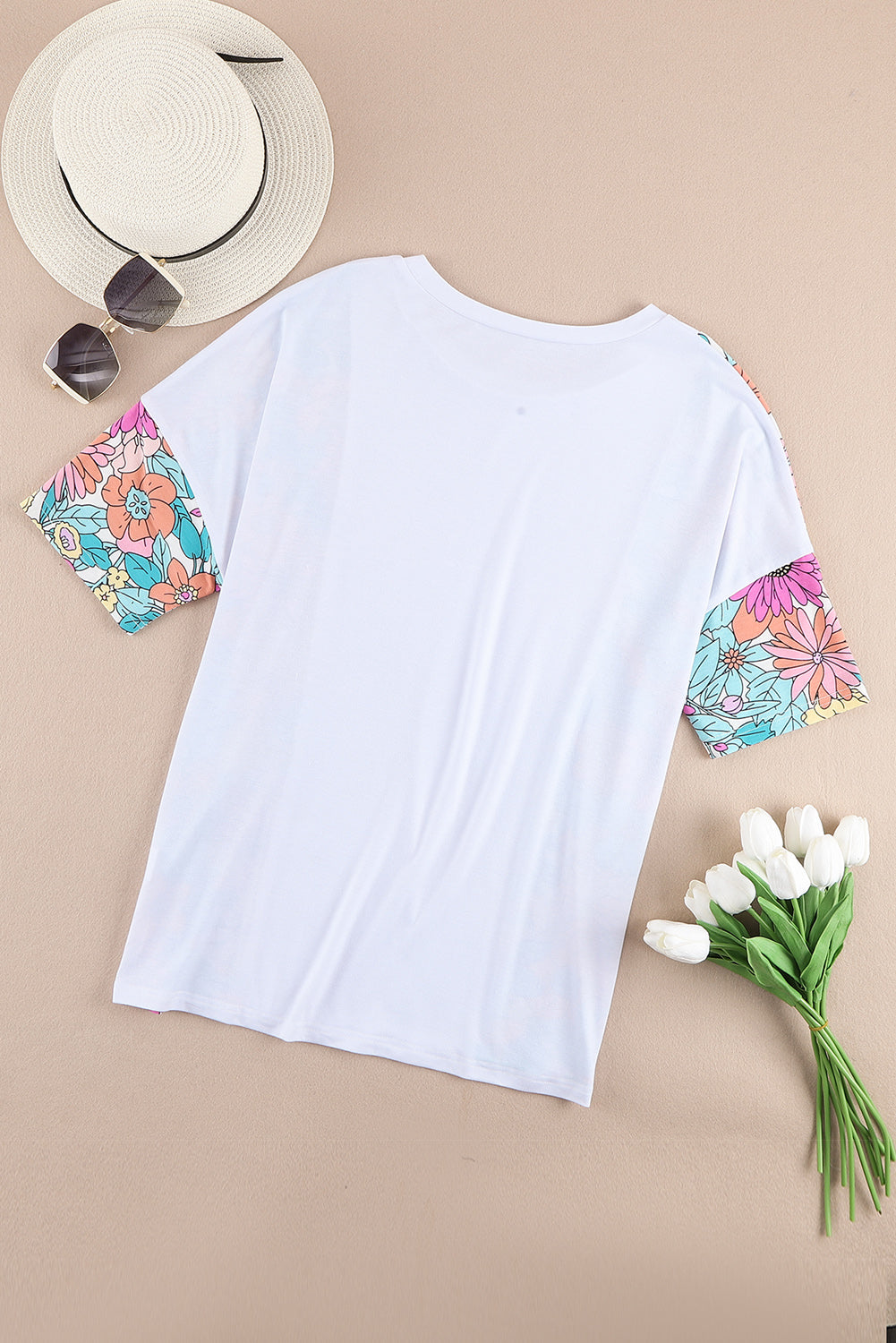 Weißes Patchwork-Kurzarm-Top mit Blumenmuster