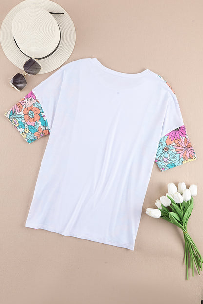 Weißes Patchwork-Kurzarm-Top mit Blumenmuster