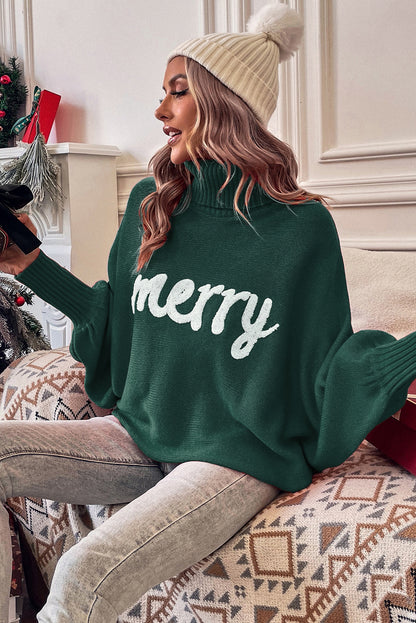 Schwarzgrüner Pullover mit fröhlicher Buchstabenstickerei und hohem Kragen