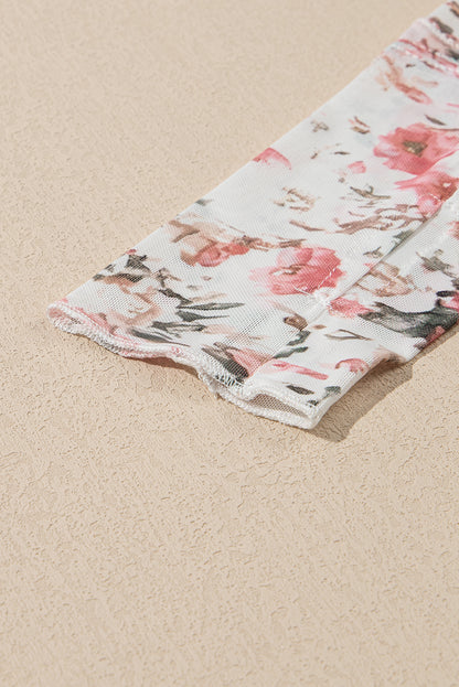 Rosa, geblümte, langärmlige Etui-Bluse aus Netzstoff mit hohem Halsausschnitt
