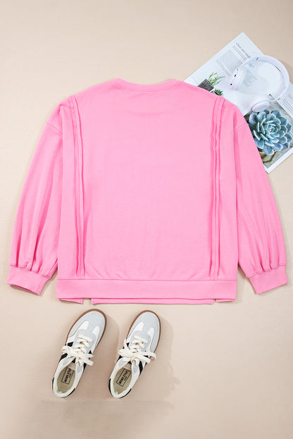 Pink Big Bow Lace Embroidered Dolman Sleeve Slit Plus Size Sweatshirt