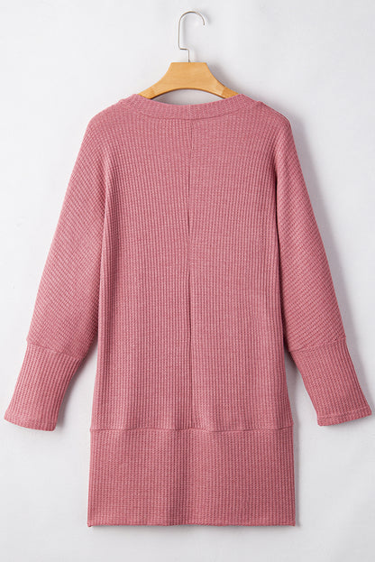 Mineralrote, einfarbige Strickjacke mit Waffelstrick und Tasche