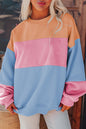 Himmelblaues Sweatshirt mit überschnittener Schulter und Patchwork-Farbblock