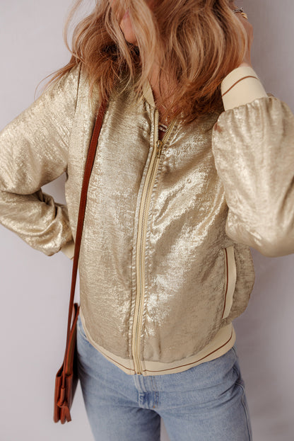 Hellkhakifarbene Baseballjacke mit Reißverschluss in Metallic-Optik