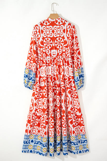 Oranges Boho-Maxikleid mit geometrischem Print und langen Ärmeln