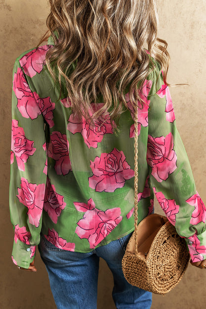 Grünes Hemd mit Puffärmeln und Blumenmuster