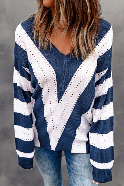 Blau gestreifter Colorblock-Strickpullover mit V-Ausschnitt