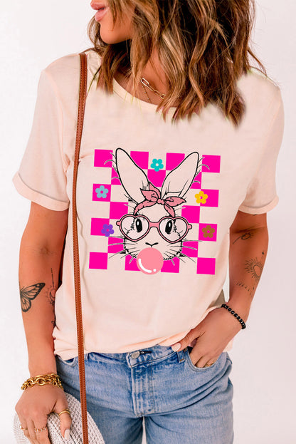 Rosa T-Shirt mit Rundhalsausschnitt und kariertem Osterhasen-Blumendruck
