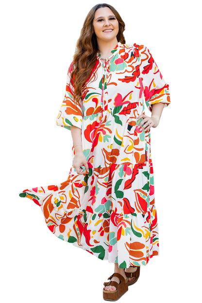 Oranges Kleid mit Blumenmuster und Kordelzug und V-Ausschnitt in Übergröße