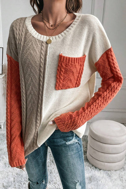 Pullover mit überschnittener Schulter und aufgesetzter Tasche in Colorblock-Optik in Gold Flame