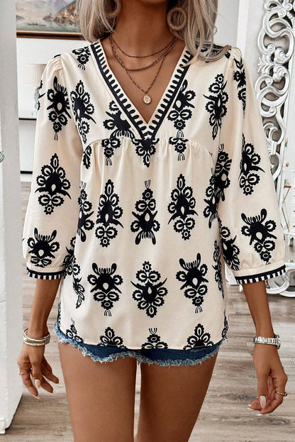 Beige Vintage Bluse mit 3/4-Ärmeln und V-Ausschnitt und geometrischem Muster