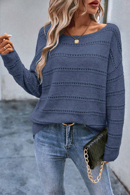 Echter blaugrüner Pointelle-Strickpullover mit U-Boot-Ausschnitt und überschnittener Schulter