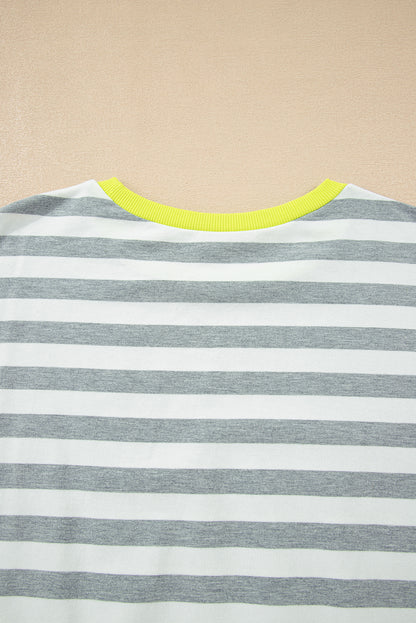 Gray Stripe Contrast Ribbed Banding Long Sleeve Blouse Loose Shorts Set