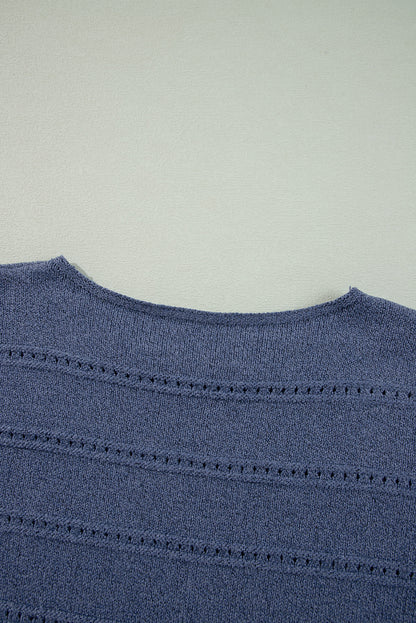 Echter blaugrüner Pointelle-Strickpullover mit U-Boot-Ausschnitt und überschnittener Schulter