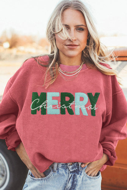 Erdbeerrosa „MERRY Christmas“ Chenille-Sweatshirt mit Stickerei