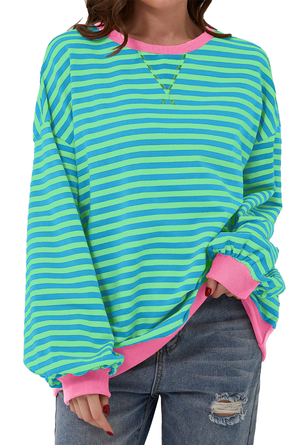 Übergroßes Pullover-Sweatshirt mit himmelblauen Streifen und Kontrastbesatz