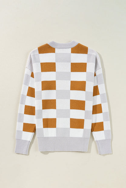 Khakifarbener Pullover mit Karomuster und geripptem Rand, Rundhalsausschnitt und überschnittenen Schultern