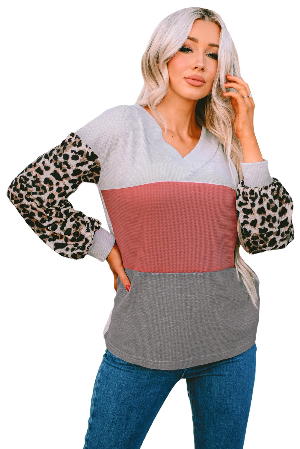 Feuerrotes, wildes Leoparden-Colorblock-Waffelstrick-Oberteil mit kontrastierenden Ärmeln