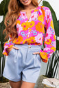 Bluse mit Volantärmeln und Reverskragen und Rosen-Blumendruck