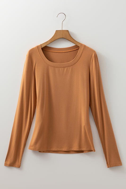 Chestnut Solid Color Long Sleeve Fitted Top