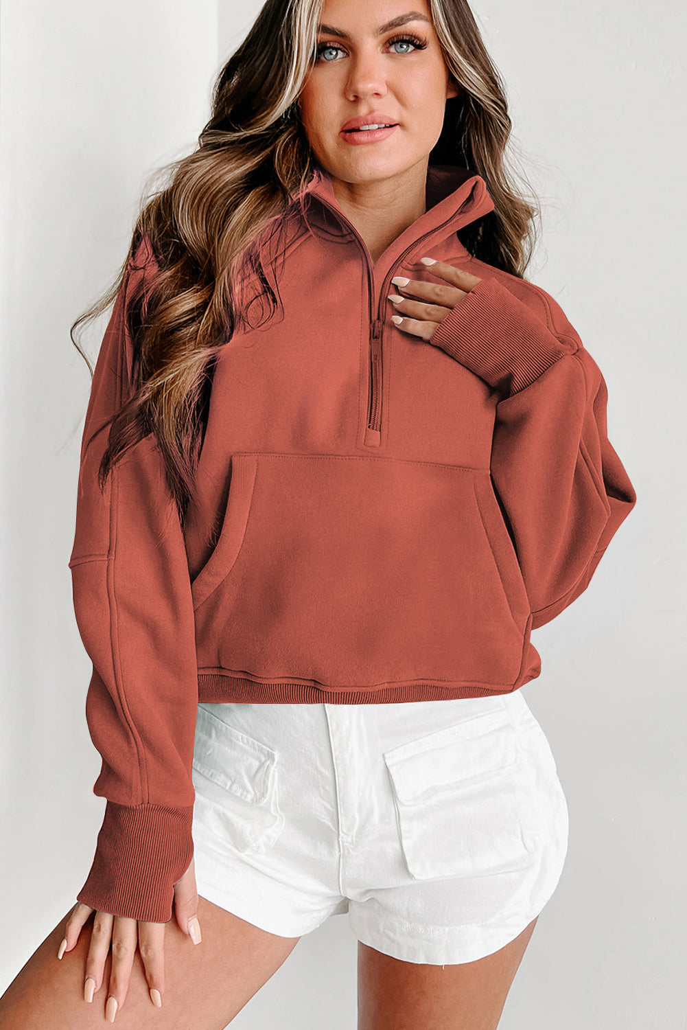 Flamingo Sweatshirt mit Stehkragen und Reißverschluss und Daumenlöchern an den Ärmeln