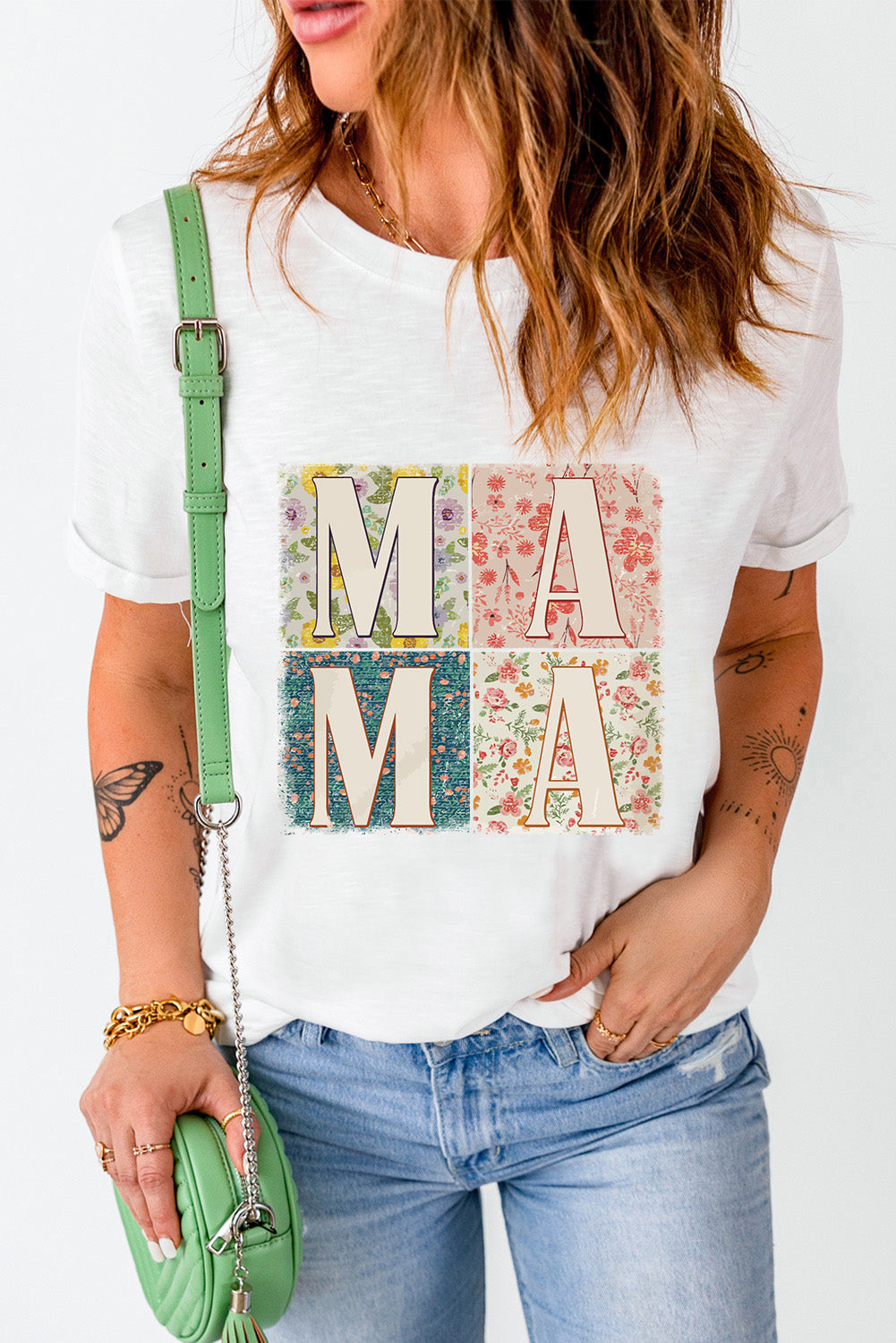Weißes MAMA Lässiges T-Shirt mit Blumenblockgrafik