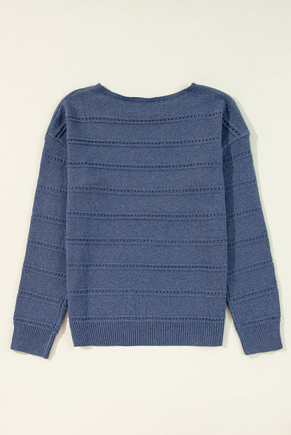 Echter blaugrüner Pointelle-Strickpullover mit U-Boot-Ausschnitt und überschnittener Schulter