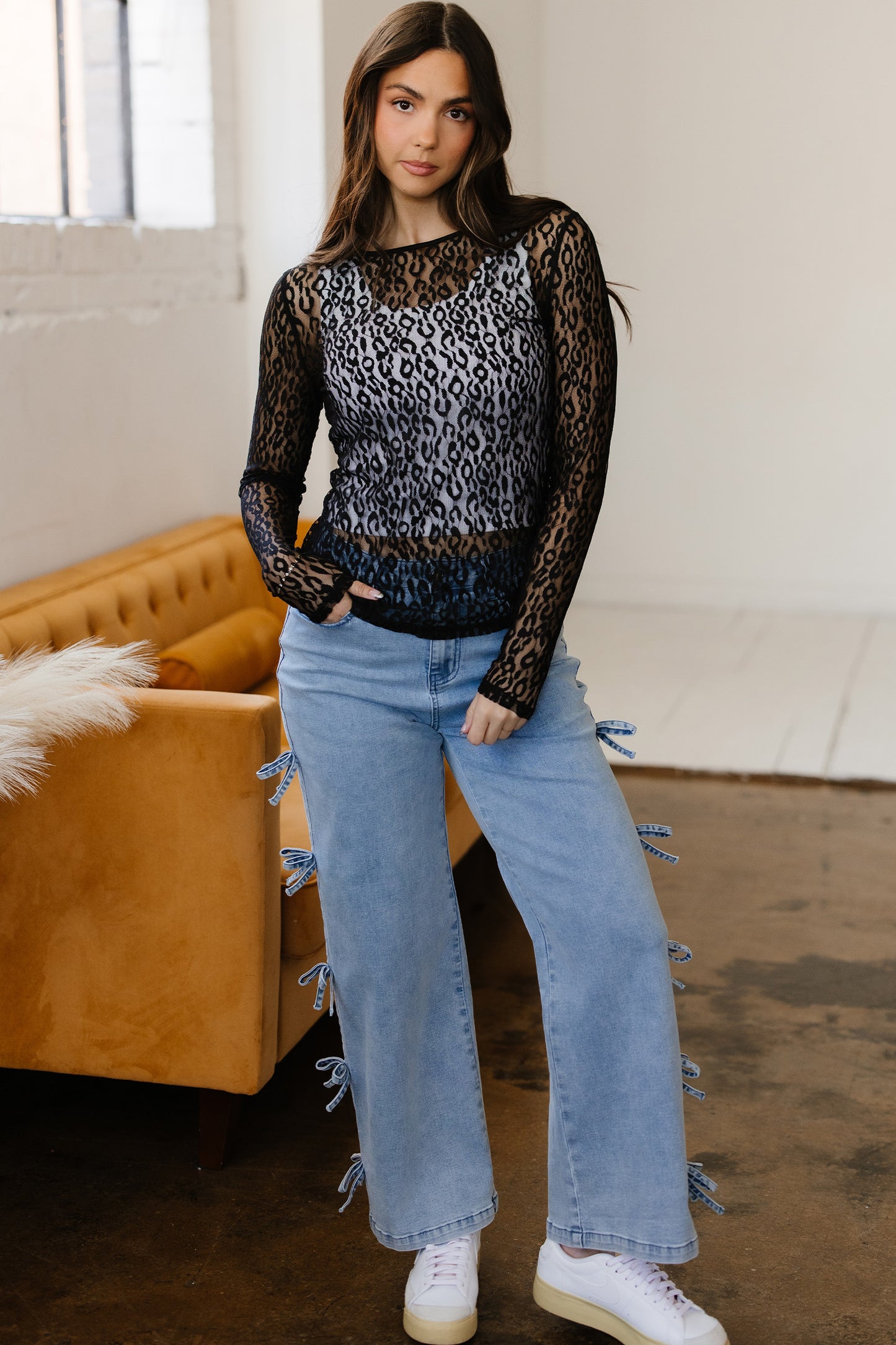 Black Leopard Pattern Sheer Mesh Long Sleeve Top