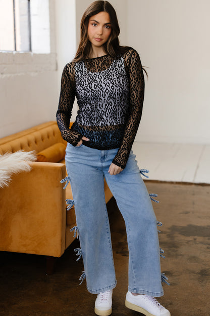 Black Leopard Pattern Sheer Mesh Long Sleeve Top