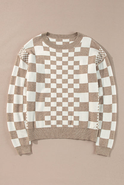 Khakifarbener Pullover mit Karomuster und überschnittener Schulterpartie und Rundhalsausschnitt