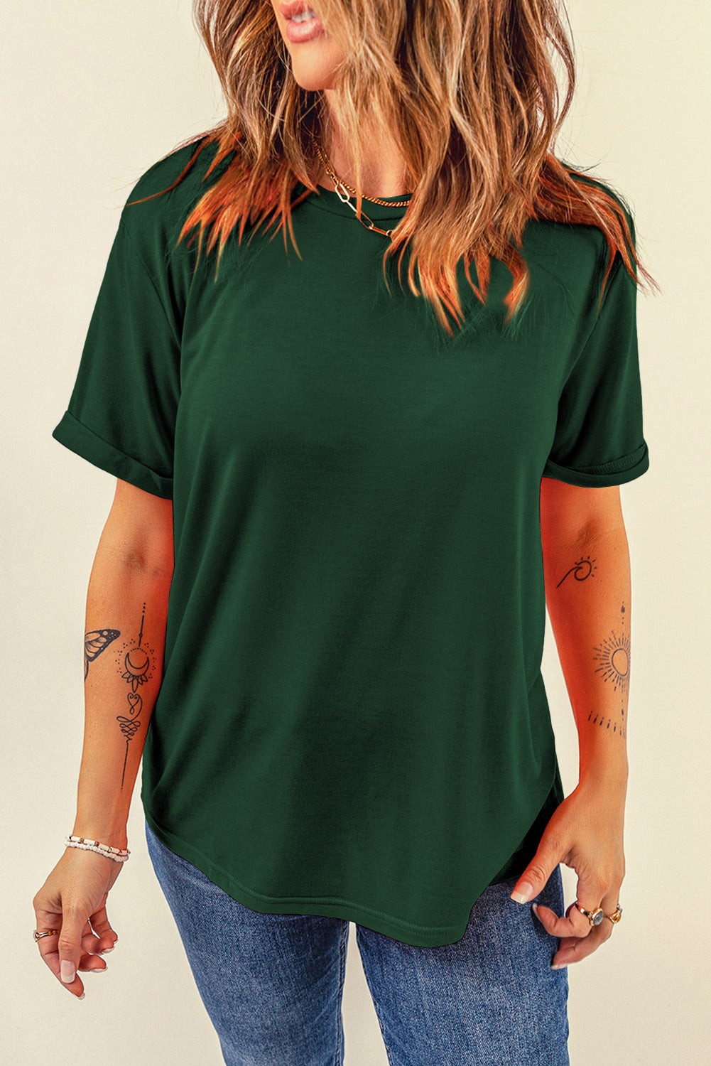 Grünes, lässiges, schlichtes T-Shirt mit Rundhalsausschnitt